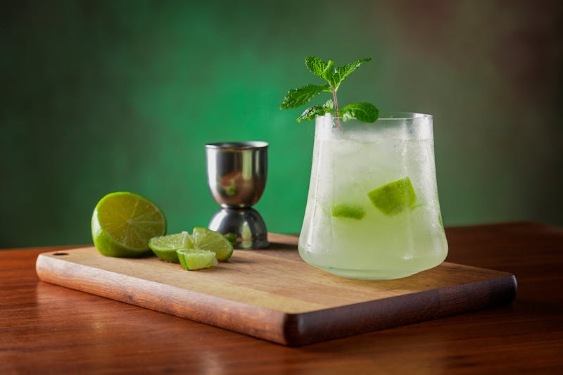 Fresh lemonade with mint and ice in a tall glass